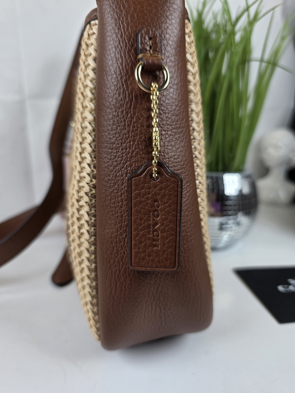 Coach Hadley Brown Mini Natural Woven Leather-Trim Crossbody Straw Bag - Picture 5 of 12